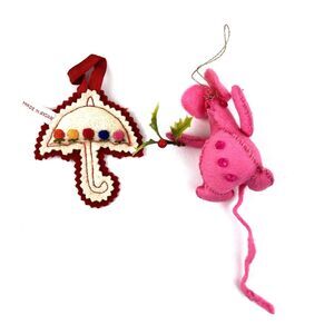VTG Christmas Felt Ornament Handmade Umbrella Pink Mouse Hungary Boho Folk Art